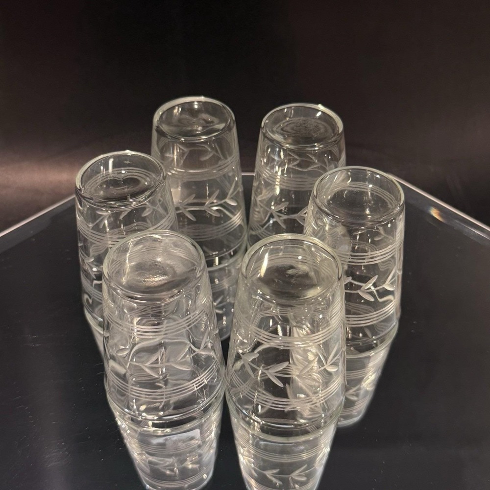 Vintage Anchor Hocking Banded Etched Laurel Leaf 6pc Shot Glass Barware - Picture 4 of 7